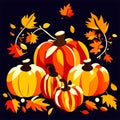Autumn pumpkins and leaves vector illustration on black background. Hand drawn thanksgiving design elements. Generative AI Royalty Free Stock Photo