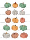 Autumn pumpkins. Pumpkins one line colored continuous drawing. Autumn halloween vegetables continuous one line
