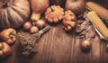 Autumn pumpkins and other fruits and vegetables on wooden thanksgiving table Royalty Free Stock Photo