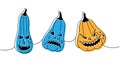 Autumn pumpkins scary faces. Pumpkins with scary faces one line colored continuous drawing. Halloween vegetables