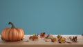 Autumn pumpkins still life on wooden table isolated on blue background. Falling leaves, Thanksgiving Halloween decoration with Royalty Free Stock Photo