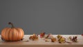 Autumn pumpkins still life on wooden table isolated on gray background. Falling leaves, Thanksgiving Halloween decoration with Royalty Free Stock Photo