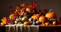 Autumn pumpkins table,harvest and thanksgiving.Digital art painting for background wallpaper, concept art Royalty Free Stock Photo