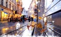 Autumn rain blurred bokeh city light rainy windows rain drops street night people walking with umbrellas evening neon lantern refl Royalty Free Stock Photo