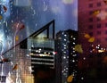 Autumn rain and leaves bokeh light  in City evening blurred street reflection modern buildings  urban architecture, cold season Royalty Free Stock Photo