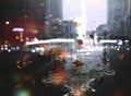 Autumn rain , leaves in puddles on  asphalt night city blurred light  on  water rainy drops on window glass defocual background Royalty Free Stock Photo