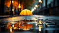 After the autumn rain, a lonely umbrella stands in the middle of the pedestrian street, reflected in the puddle. Royalty Free Stock Photo