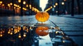 After the autumn rain, a lonely umbrella stands in the middle of the pedestrian street, reflected in the puddle. Royalty Free Stock Photo