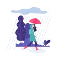 Autumn rain. Park walking, springtime rainy day. Woman with umbrella, rubber boots and raincoat vector illustration