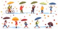 Autumn rain. People characters with umbrellas. City weather. Leaves and raindrops. Walking men and women. Running couple