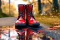 Autumn Rain\'s Arrival: Rubber Boots by Puddle - Generative AI