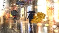 Autumn Rain Yellow leaves and  rain drops on wet  window glass ,Rainy weather, pedestrian with umbrella ,  bokeh bluured night cit Royalty Free Stock Photo