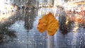 Autumn Rain Yellow leaves and  rain drops on wet  window glass ,Rainy weather, pedestrian with umbrella ,  bokeh bluured night cit Royalty Free Stock Photo