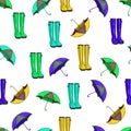 Autumn Rainy Day Pattern Featuring Boots, Umbrellas, and Maple Leaves. Seamless pattern featuring red rain boots, matching
