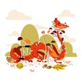 Autumn red dragon with mushroom and leaves isolated on white background. The symbol of the year of dragon. Vector illustration