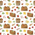 Autumn red and green apples in crates and baskets, forest leaves seamless pattern