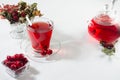 Autumn red herbal tea in transparent teapot, cup with dry leaves, rose hip, hawthorn berries in sunlight on white wood board. Royalty Free Stock Photo