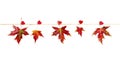 Autumn red, orange maple leaves hanging hitched with clothespin heart on rope on white background