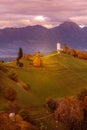 Sunset with church, top of hill, Slovenia, Jamnik Royalty Free Stock Photo