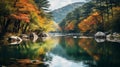 Vibrant Autumn Landscape: River And Trees In Taegu Nam