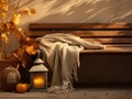 Autumn Repose: Rustic Wooden Bench, Hand-Knitted Blanket, and Lantern Amidst Vibrant Leaves on a Pale Olive Canvas