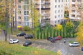 Autumn on residence complex. Rainy day. Bright blue sky with thick clouds. September, October, November