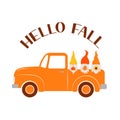 Autumn retro truck and cute fall gnomes. Vector template for Thanksgiving card, banner, typography poster, flyer