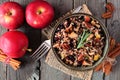 Autumn rice pilaf overhead scene on rustic wood