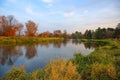 Autumn, river, grass and trees in fall colors Royalty Free Stock Photo