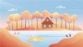 Autumn river landscape vector illustration, cartoon flat autumnal sunny day, panorama nature woodland scenery with