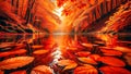 autumn river with orange foliage along its banks. The water reflects the bright orange leaves