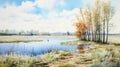 Autumn River Watercolor Painting: Accurate Ornithological Style, Uhd Image