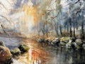 Autumn river watercolors painted