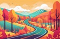 A autumn road cuts through a stylized landscape flush with the warm hues of fall foliage