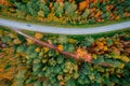 Autumn road in forest, concept of trip by red car aerial top view Royalty Free Stock Photo