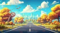 An autumn road to a modern city. A modern illustration of a highway perspective, a traffic sign, a forest tree with Royalty Free Stock Photo