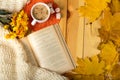 Autumn romance. Book, flowers and aromatic cappuccino