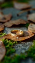 Autumn romance wedding ring placed amid dry, rustic leaves