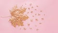 Autumn rose gold maple leaf with elements crumbs on pastel pink paper background. Minimal creative concept with space for text. To