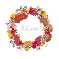 Autumn round botanical wreath with letters.