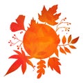 Autumn round frame with hand drawn leaves. Maple tree foliage, oak leaf. Orange watercolor texture for fall designs.