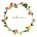 Autumn round frame wreath of autumn leaves, flowers and berries with handwritten inscription `autumn` isolated on white background