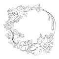 Autumn Round frame wreath with pumpkins,leaves and branches of rowan vector black and white sketch .Line art drawing Royalty Free Stock Photo