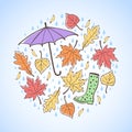 Autumn round illustration with leaves, raindrops, umbrella