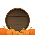 autumn round wooden sign with vector orange pumpkins isolated on white background. Creative Design template for farm Royalty Free Stock Photo