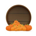 autumn round wooden sign with vector orange pumpkins isolated on white background. Creative Design template for farm Royalty Free Stock Photo