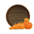autumn round wooden sign with vector orange pumpkins isolated on white background. Creative Design template for farm Royalty Free Stock Photo