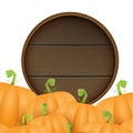 autumn round wooden sign with vector orange pumpkins isolated on white background. Creative Design template for farm Royalty Free Stock Photo