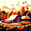 Autumn rural landscape with barn and pumpkins. Vector illustration. Generative AI Royalty Free Stock Photo