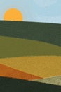 Autumn rural landscape farm field with blue sky, cloud, sun in graphic style.Vector Vertical Fall scenery in countryside with